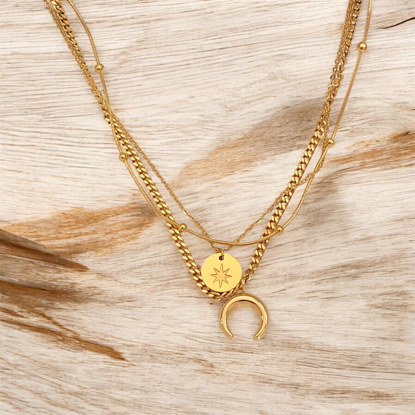 Moon & Star Gold Plated Titanium Steel Necklace