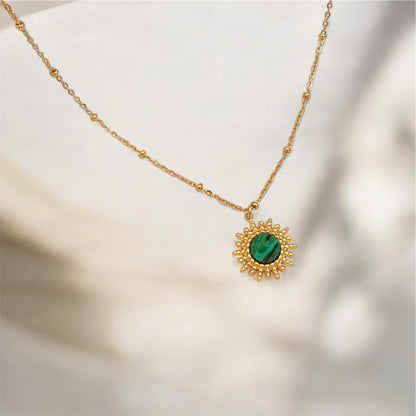 Green Natural Stone & Light Gold Plated Stainless Steel Necklace