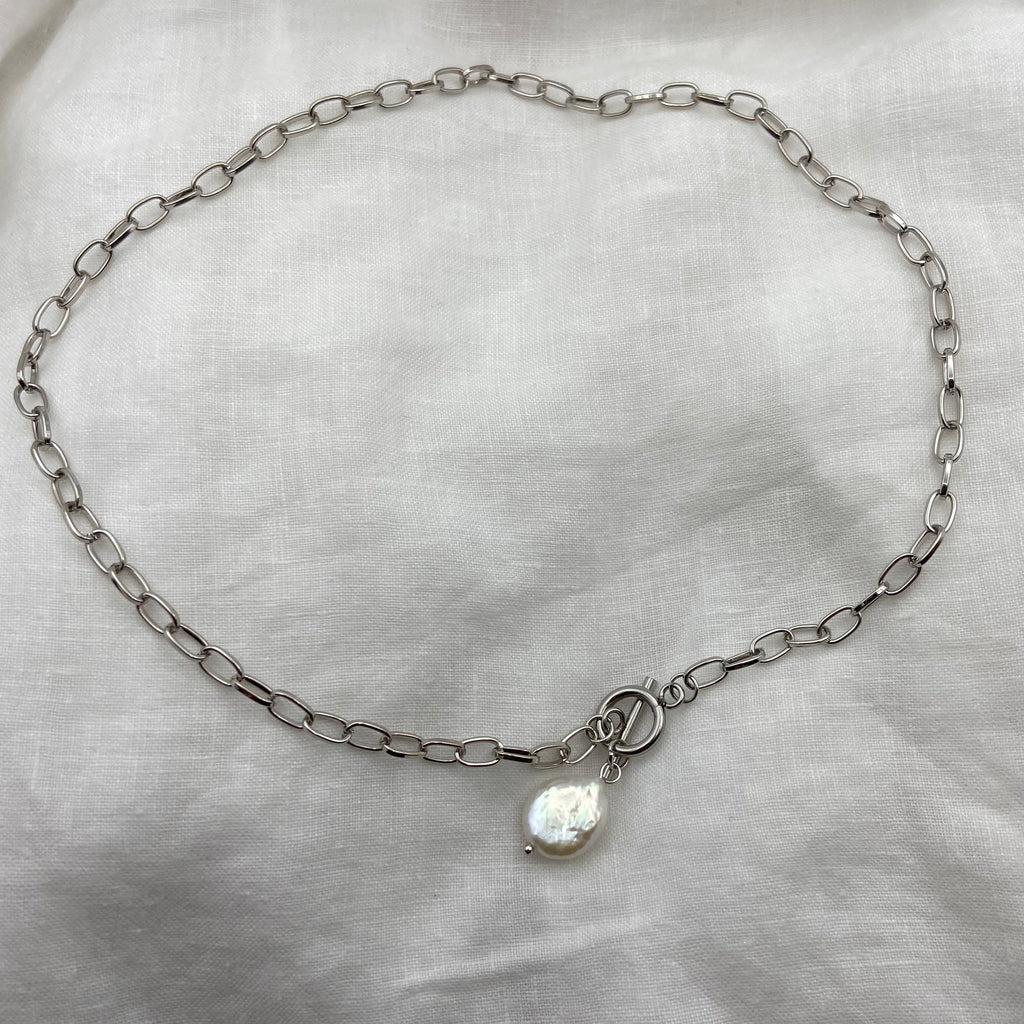 Pearl with Thick Chain Necklace (Silver or Gold)