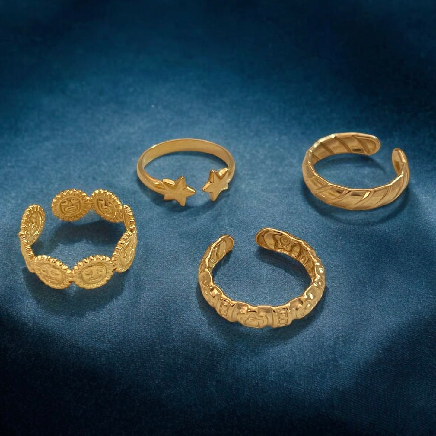 4 Gold Plated Cool Rings Set (Sun, Flower, Stars, Lines)