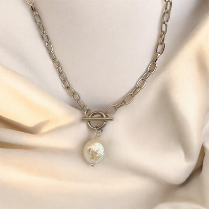 Pearl with Thick Chain Necklace (Silver or Gold)