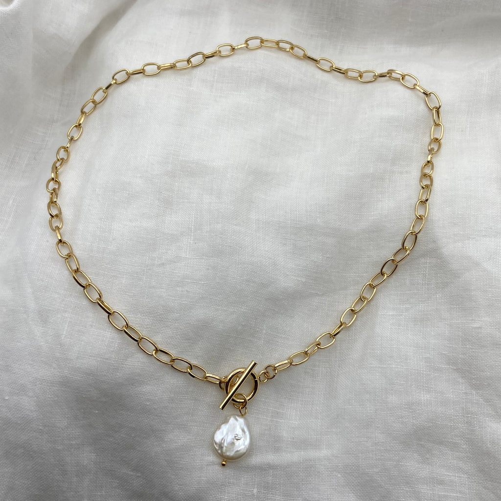 Pearl with Thick Chain Necklace (Silver or Gold)