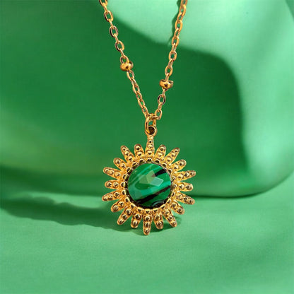 Green Natural Stone & Light Gold Plated Stainless Steel Necklace