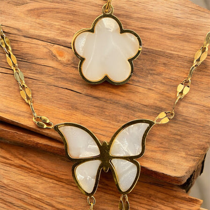 Cute Flower & Butterfly Gold Plated Stainless Steel Necklace